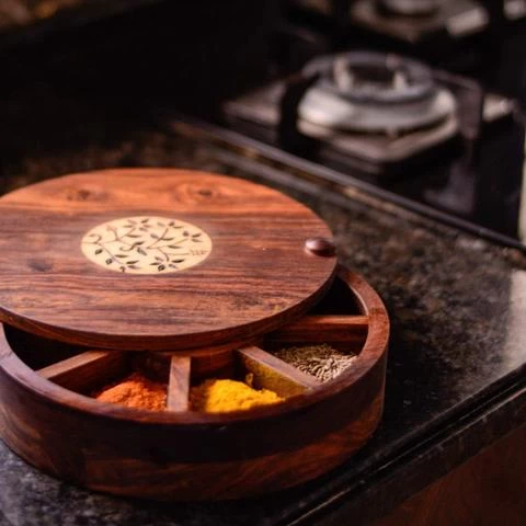Handmade Wooden Spice box round shape wooden spice box