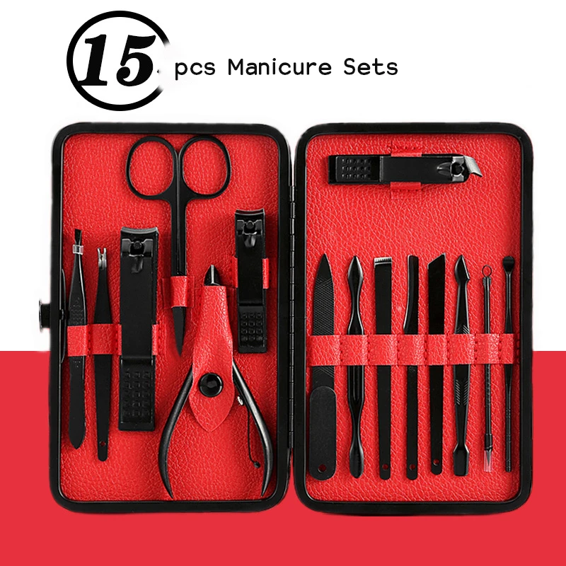 High Quality Stainless Steel Man Black 15Pcs  Manicure Pedicure Kit