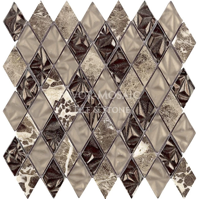 Home decorate rhomboid diamond shaped crystal glass mosaic tile mix stone mosaic tile for kitchen backsplash wall tile