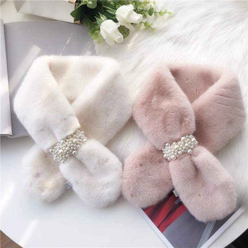 Hot Winter Warm Thicken Scarfs Solid Color Faux Rabbit Fur Plush Cross Collar Scarf Women Shawl With Pearl