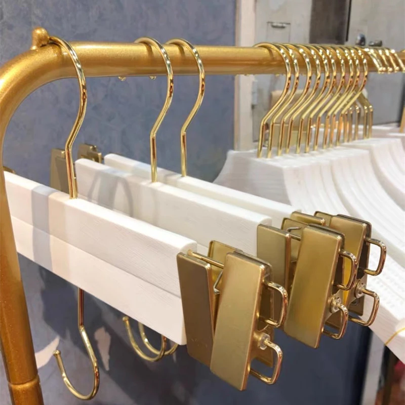 Inspring wooden pants hanger wood trousers hanger clothes hanger with white color and gold hook