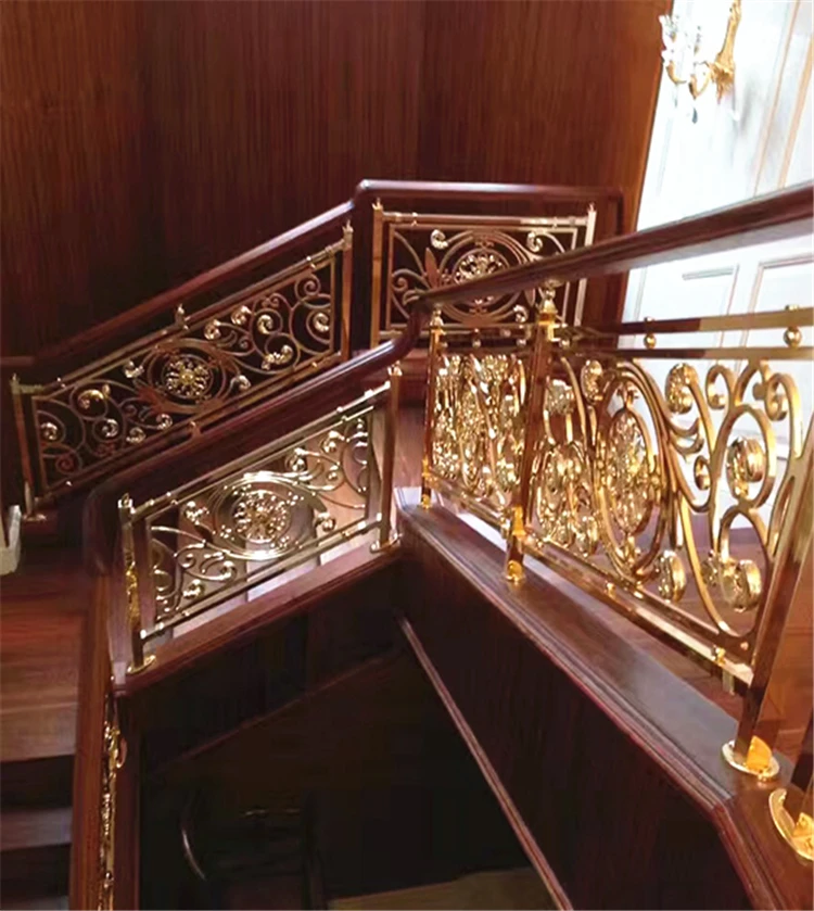 Luxury stainless steel wood railings indoor balusters decorative gold color stair handrail