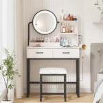 Makeup with Round Mirror and Lights Vanity Makeup Table with Charging Station Small Vanity Table for Bedroom 3 Lighting Modes