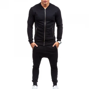 Men Sweater Suit Black Mens Slim Fit Suit Zip Cotton Jacket + Long Pant Tracksuit Athletic Apparel Suit Set Custom Logo Design