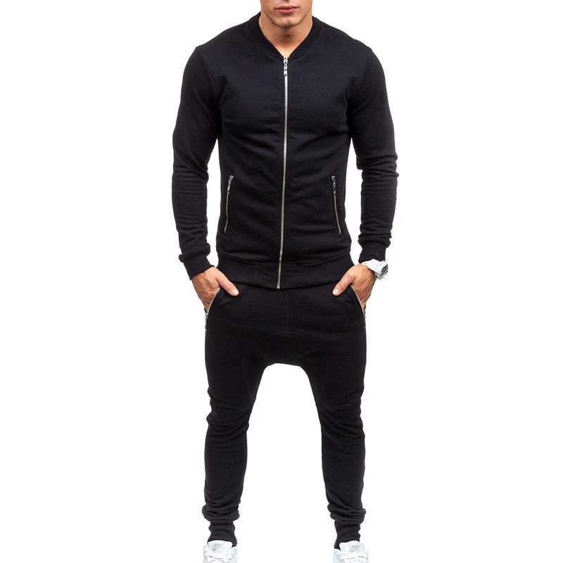 Men Sweater Suit Black Mens Slim Fit Suit Zip Cotton Jacket + Long Pant Tracksuit Athletic Apparel Suit Set Custom Logo Design