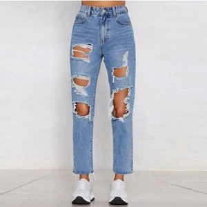 mid waist cool denim vintage straight boyfriend hole ripped jeans
