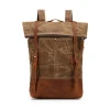 Mochilas recycled canvas waxed cotton rucksack genuine leather durable school backpack for wholesales