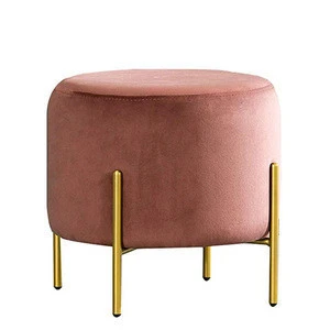 Modern Furniture Velvet Footstool Round Pouf Small Stool Gold Metal Legs Ottoman