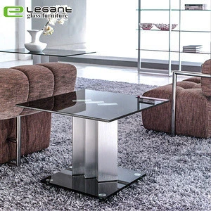 Modern Luxury European Furniture Black Double-deck Square Metal Legs Glass Coffee Table
