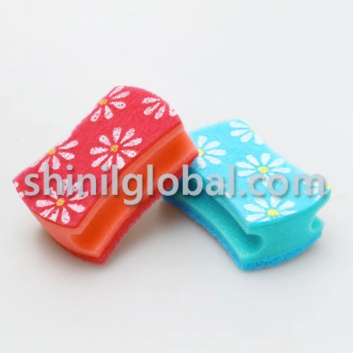New Style Kitchen Cleaning Dish Scouring Flower printed sponge with pads (nail saver)