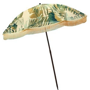 OEM Vintage style large beach umbrella with tassels fringes floral beach umbrella with tassel