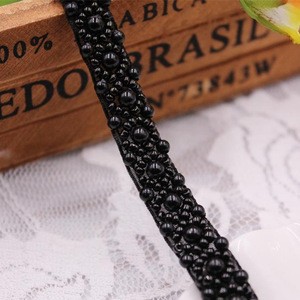 Pearl Beaded Embroidered Rhinestones Applique Braided Lace Ribbon Trim For Wedding Dress S491