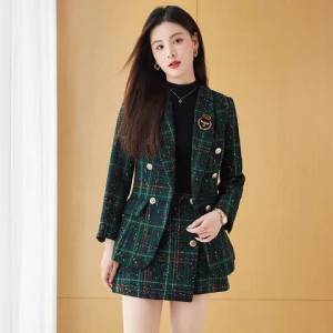 Plus Size Fashion Official Business Suits Ladies Jacket and Skirt 2 Piece Plaid Women Office Blazer Suits