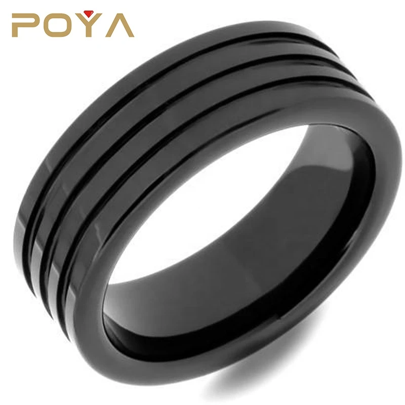 POYA Jewelry 8MM Four Grooved Black Ceramic Mens Wedding Ring Made With High Tech Ceramic