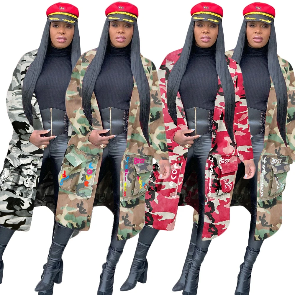 PZF Clothing S3726 Hot selling camouflage printed patch long women trench coats 2020 winter