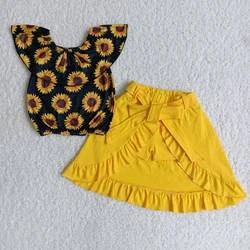 RTS Wholesale baby girls summer off shoulder top skirt clothing fashion sunflower outfits 2pcs clothing children boutique sets