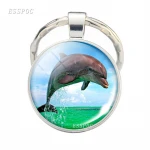 Sea Animals Key Chains Dolphin Shark Glass Cabochon Keychain Tortoise Keyring Starfish Pendant Trinket