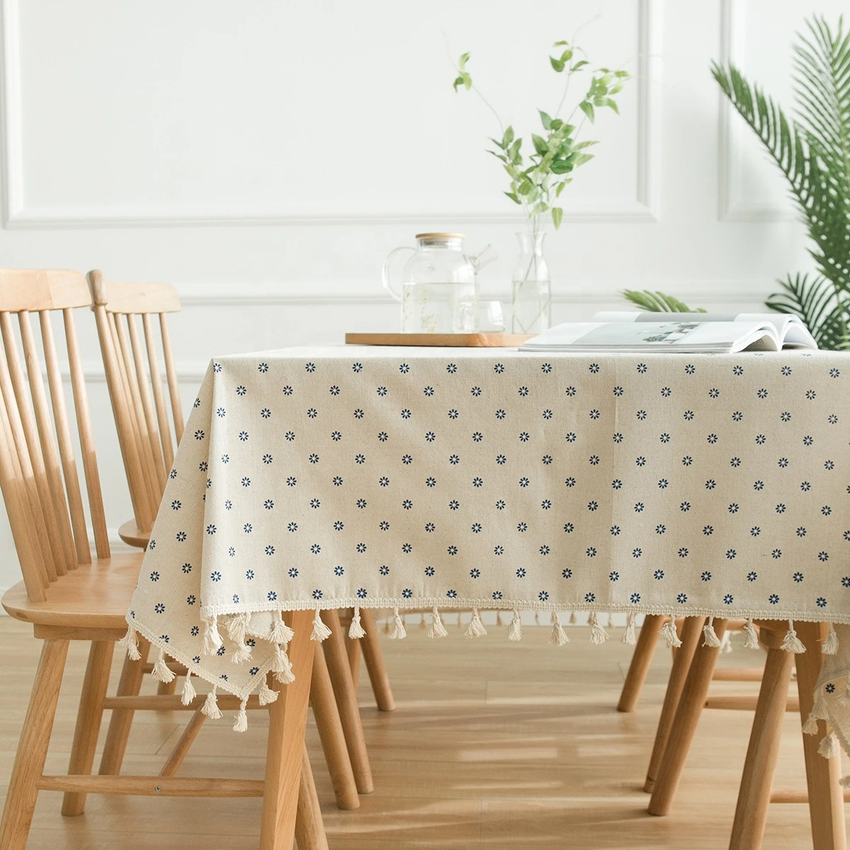 Shinnwa blue daisy print cotton linen tablecloth table cloth with tassel