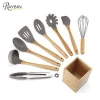 Silicone Kitchen Utensils 9-Piece  with Bamboo Wood Handles for Nonstick Cookware, Utensils Holder Included