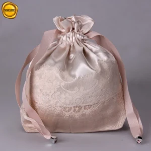 Sinicline Custom Flesh Lace Satin Drawstring Bag for Lingerie Packaging