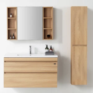special waterproof wall mounted european model bathroom storage furniture cabinet set vanity side cabinet wood color