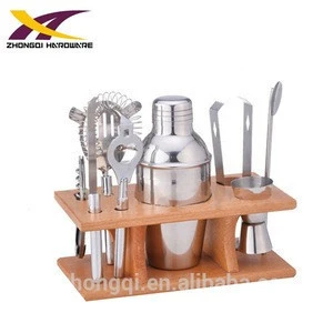 Stainless steel 8pcs bar cocktail shaker set with wooden stand