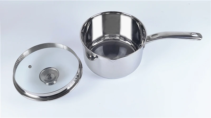 Stainless Steel Saucepan with Glass Strainer Lid  Spouts Side Ergonomic Handle Multipurpose Sauce Pot Tri-Ply Capsule Bottom