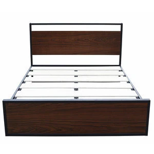 Steel Frame Modern Wood Bed Walnut Veneer Wooden Bed Frame
