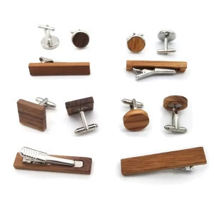 Stock Professional factory production wood cufflinks and clip clip-on tie cufflink box set