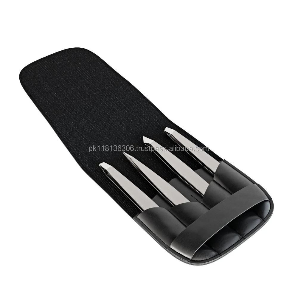 Top grade stainless steel eyebrow tweezers 3 pieces set with leather case