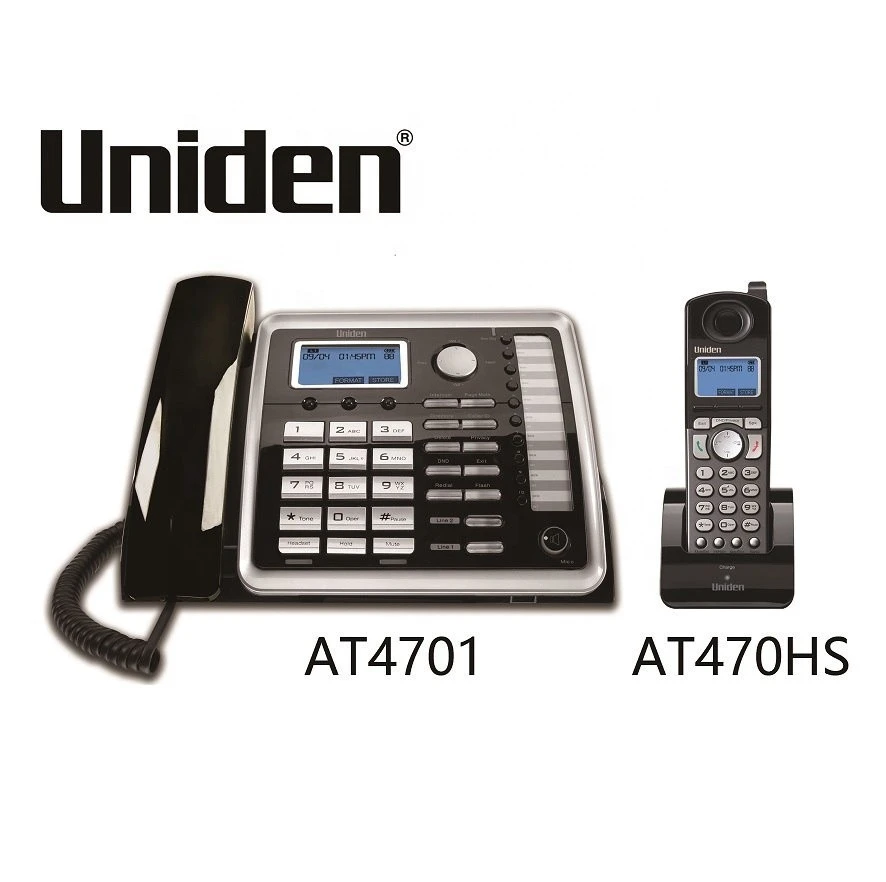 UNIDEN AT470HS 2 Line Wireless Phone System  1.8GHz Optional Handset Speaker  CID Desktop Wall Mountable  Combo Cordless Phone