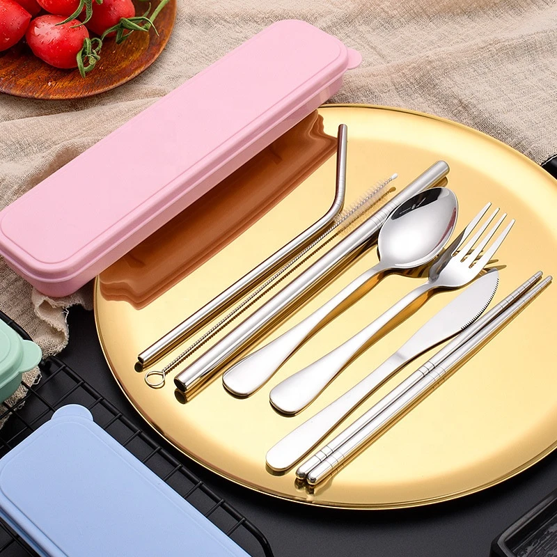 Utility Cutlery Set 7 Piece Straw Chopsticks Knife Fork Spoon Set for Home Use/Travel/Camping Cutlery Set in Case