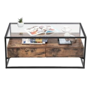VASAGLE living room furniture industrial wood metal iron frame decoration center tea table glass top coffee table with 2 drawers