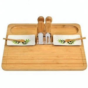 Wholesale Bamboo Cheese Board Set Charcuterie Platter with 4 Stainless Steel Tools, 2 Ceramic Trays