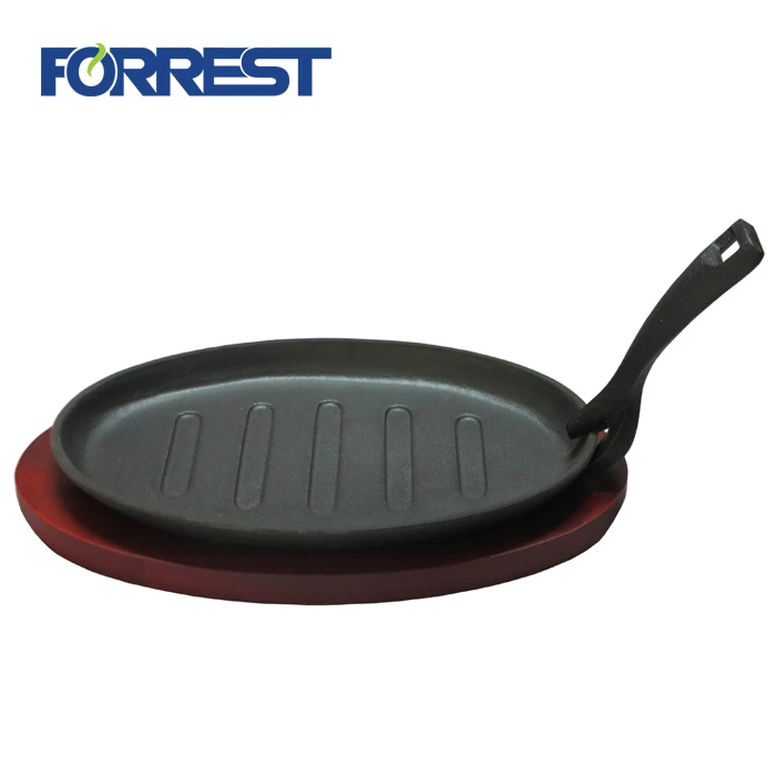Wholesale Cast Iron Steak Fajita Pan Frying Plate With Wooden Base Tary  Preseasoned cast iron cookware