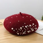 Wholesale Custom Autumn Winter Femme Wool Fabric Knit Hat Beret With Pearl And Rhinestone