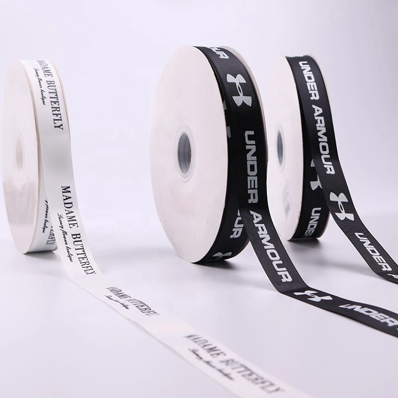 Wholesale White Printing with Logo 2.5cm Gift Wrapping Custom Black Grosgrain Webbing Decoration Ribbon Roll