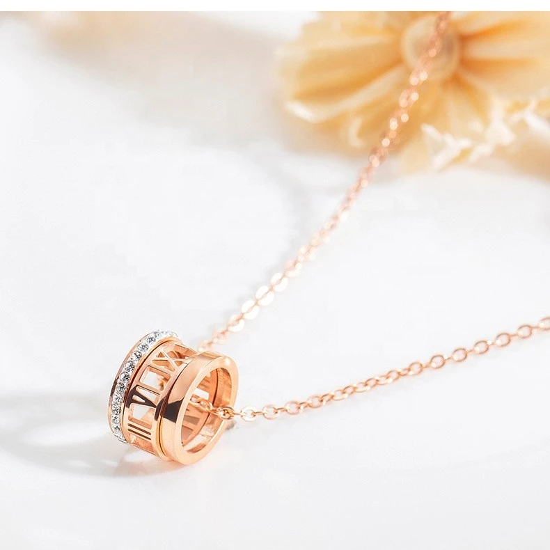 WholesaleHot Sale Stainless Steel Link Chain Necklace Rose Gold Plated Ring Rhinestone Dangling Pendant Statement Necklace