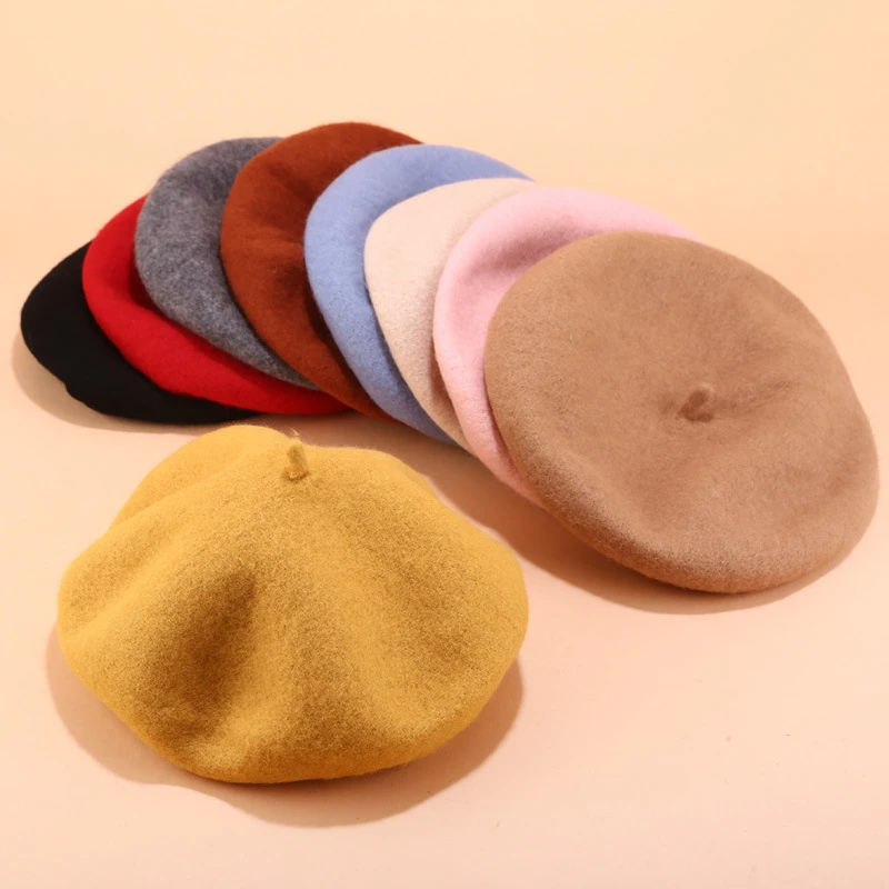 Women Girl French Artist Warm Wool Winter Beanie Vintage Plain Beret Hats Solid Color Elegant Lady Winter Caps