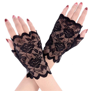 Women Lace Fingerless Gloves Half Finger Bridal Gloves UV, Black, Size 9.4