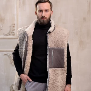 Soft Beige Sheepskin Vest, Collar-Exposed Wool Seams, Lightweight And Warm Sleeveless Jacket,Sustainable Clothing