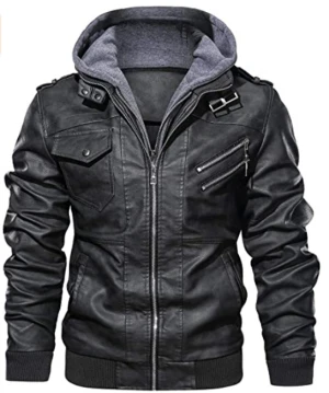 Mens Fashion Faux Leather Bomber Jacket with Hood