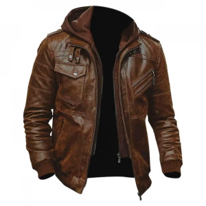 Slim Fit Bomber Hoodie Vintage Waxed Brown Men's Biker Leather Jacket
