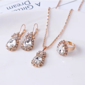 Personalized water drop rhinestone necklace earrings ring set shiny high-end wedding bridal jewelry wholesale three-piece set