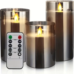 Wholesale 3pcs LED Flameless Candles Set – 4/5/6 Inch Real Wax Look with Gray Glass Effect