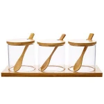 1 layer 3pcs spice condiment beautiful glass seasoning box with bamboo lid