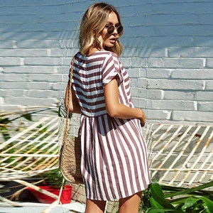 2019 Fashion Womens Summer Stripe  Tunic Top Swing T-Shirt Loose Dress  Apparel