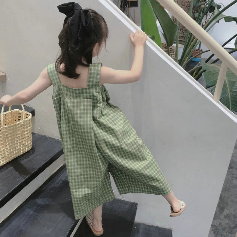 2021 hot sale summer Korean new style small fresh suspenders plaid jumpsuit suspenders girls suits girls clothes