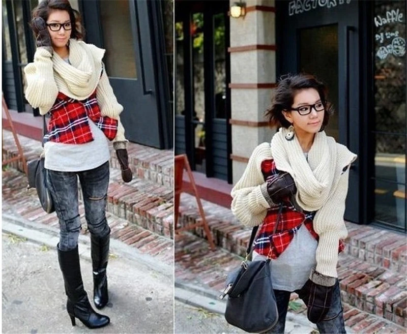 220*40cm Winter Women Soft Warm Knitted Solid Sweater Scarf With Sleeve Wrap Shawl Scarves