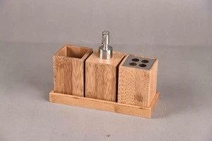 3 pcs Bamboo Bathroom Set with Tray - Soap Dispenser, Cup, Tooth Brush Holder with Stainless Steel